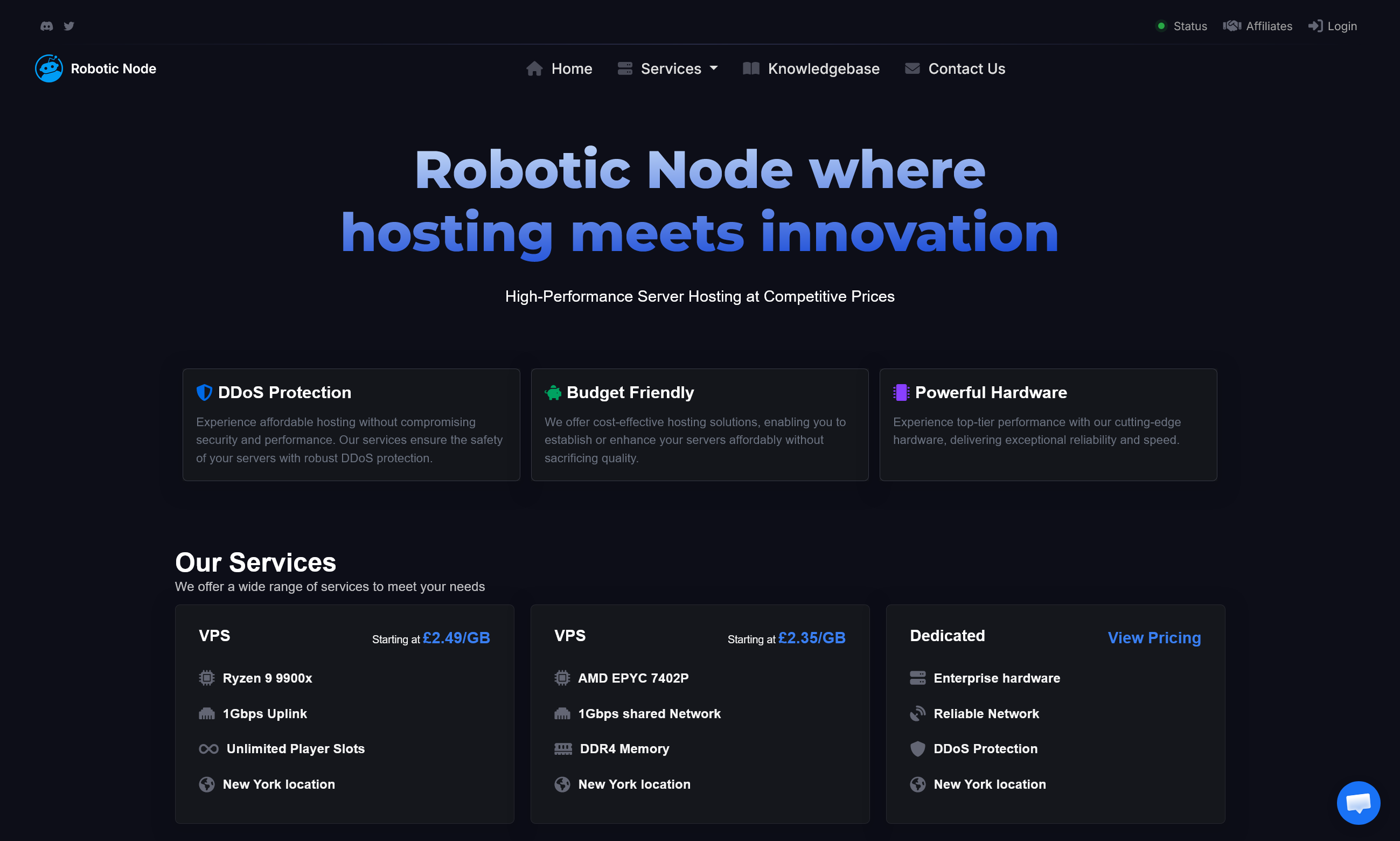 Robotic Node homepage with hosting services and pricing.